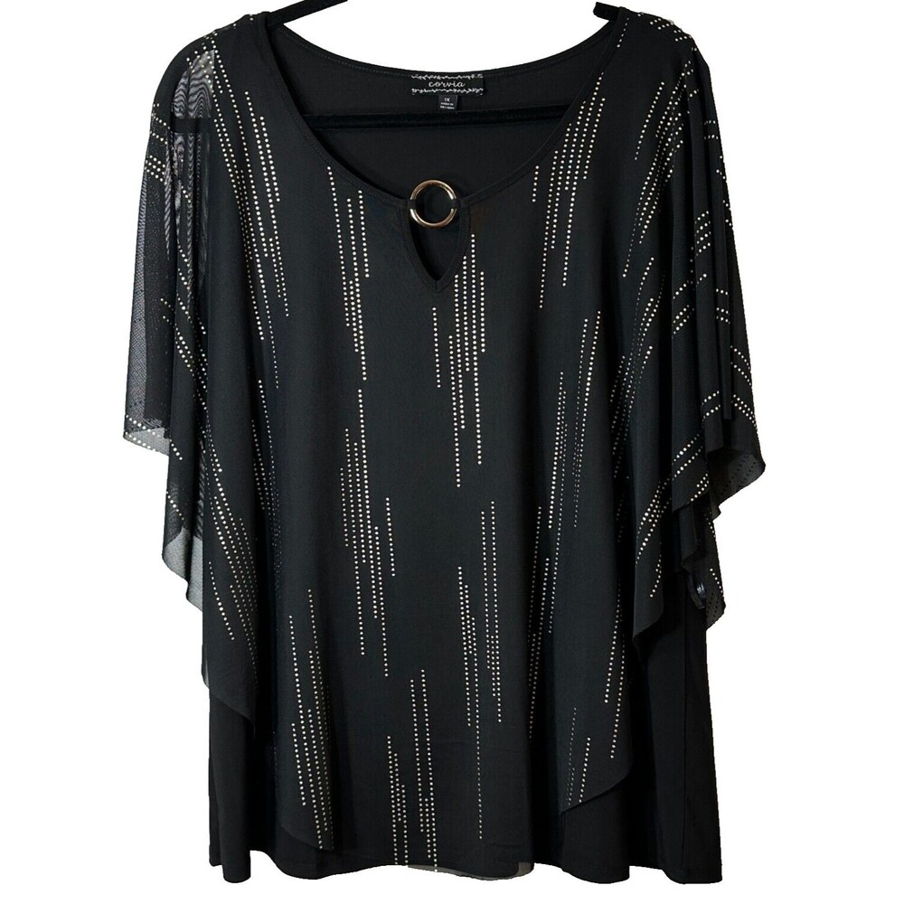 Corvia Top Women’s 1X BLK Sleeveless Metallic Flowy Cape Keyhole Party Blouse